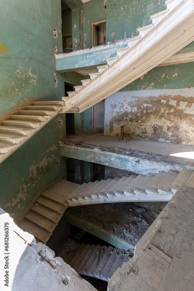 staircase in an abandoned interior, abandoned sanatorium staircase in an abandoned interior, abandoned sanatorium