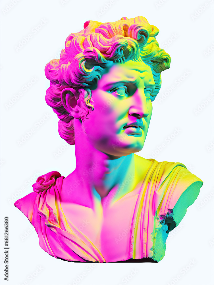 David bust sculpture in fluorescent neon colors. Modern pop culture vaporwave aesthetics