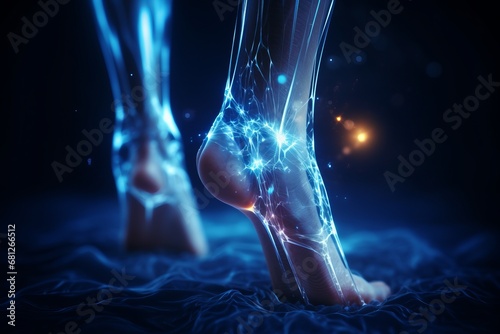 Human foot ankle and leg in x-ray, leg and foot pain, human skeleton, bone, joint scan, 3D rendering of medical screen, human anatomy, body, x-ray scan photo