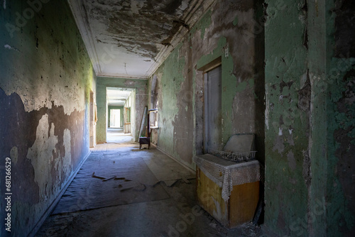 abandoned interior, corridor in a creepy place, abandoned sanatorium © vadimborkin