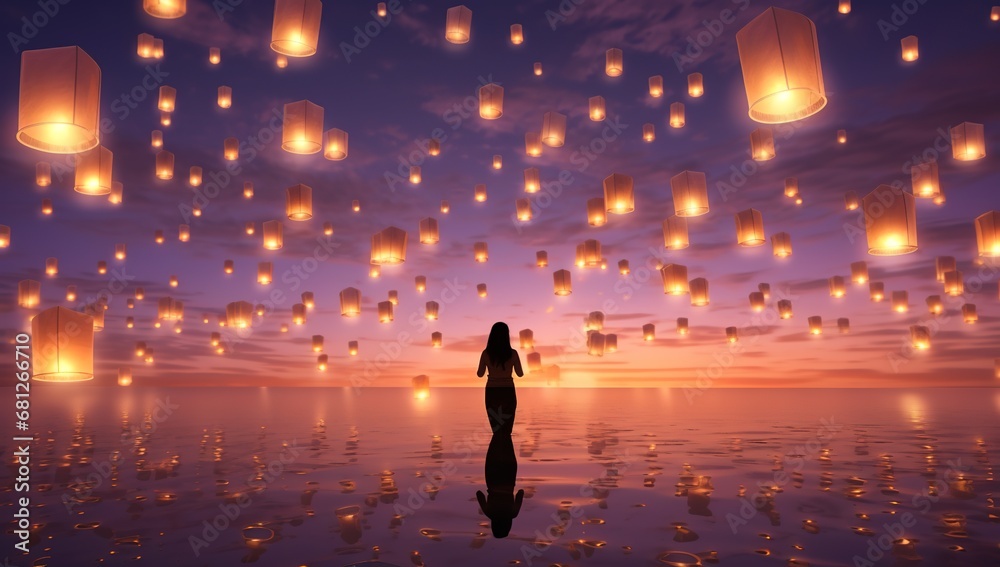 Silhouette of a woman standing inside a lake at sunset with many lanterns floating in the air. New Year wishes, vibes concept