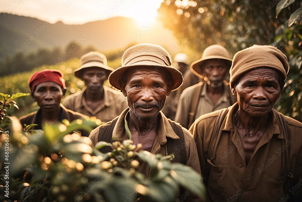 local african old man and workers picking coffee beans in the field - obrazy, fototapety, plakaty 