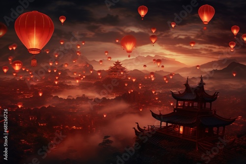 Red paper lanterns flying above ancient China. Chinese New Year conceptual illustration