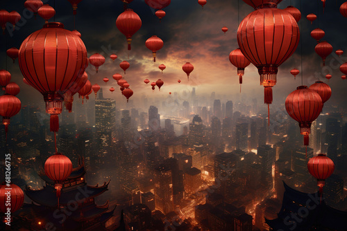 Traditional Chinese lanterns floating in the sky of big city at night. Chinese New Year concept