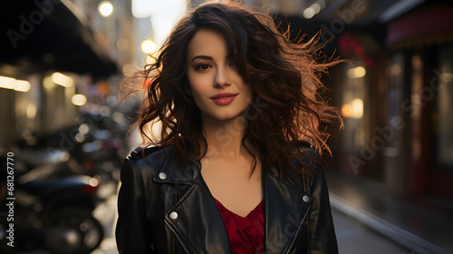 a beautiful Japanese young women with bold red lip, tousled waves, leather jacket sliding off shoulder.