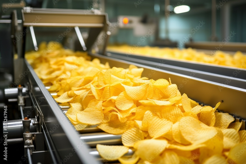 Chips factory. Production conveyor line. Background with selective focus and copy space Chips factory. Production conveyor line. Background with selective focus and copy space