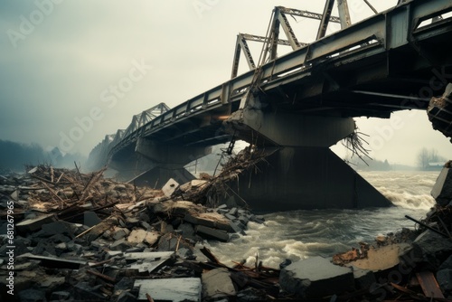 Destroyed bridge. Background with selective focus and copy space for text
