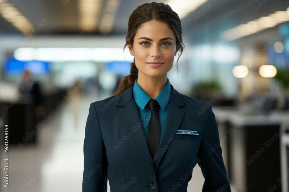 Female flight attendant. Top professions concept. Portrait with selective focus and copy space Female flight attendant. Top professions concept. Portrait with selective focus and copy space