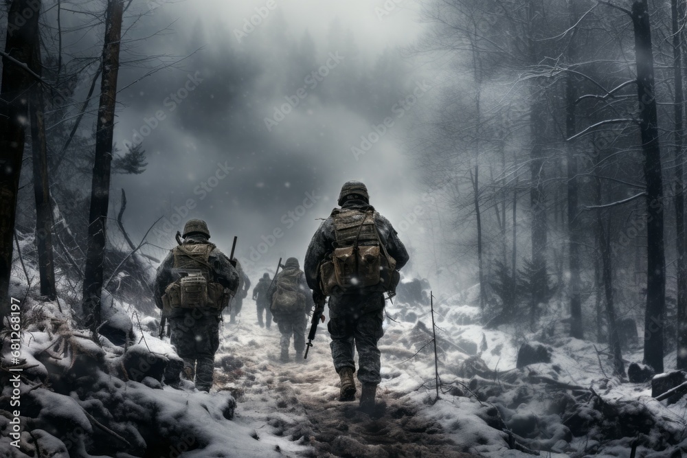 A group of soldiers goes on a mission in winter, viewed from the back. Winter war concept. Background A group of soldiers goes on a mission in winter, viewed from the back. Winter war concept. Background