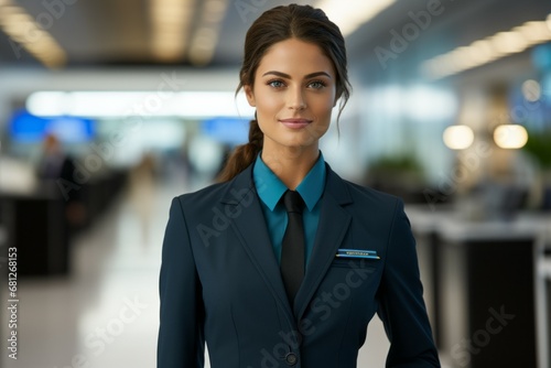 Female flight attendant. Top professions concept. Portrait with selective focus and copy space © top images