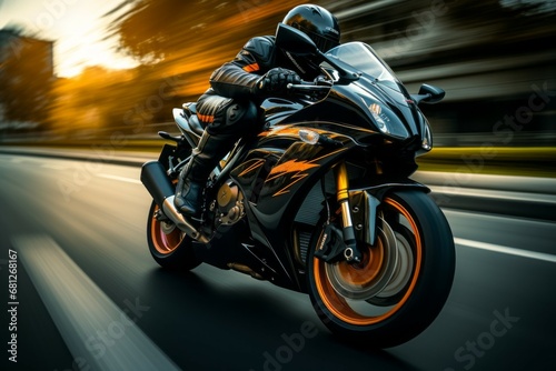 A motorcyclist races at speed on a motorcycle. Background with selective focus and copy space