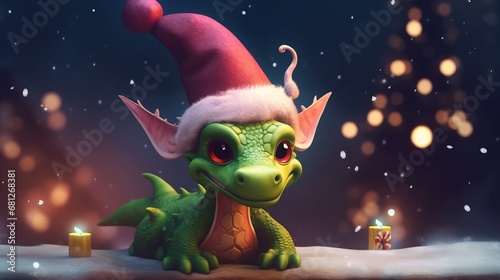 Cute cartoon green dragon in santa hat. 2024 new year, chinese calendar. Gifts, Christmas tree toy, candycane, a cup with an inscription, a New Year stocking for gifts. Festive greeting card. Surprise