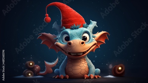 Cute cartoon green dragon in santa hat. 2024 new year, chinese calendar. Gifts, Christmas tree toy, candycane, a cup with an inscription, a New Year stocking for gifts. Festive greeting card. Surprise © IC Production