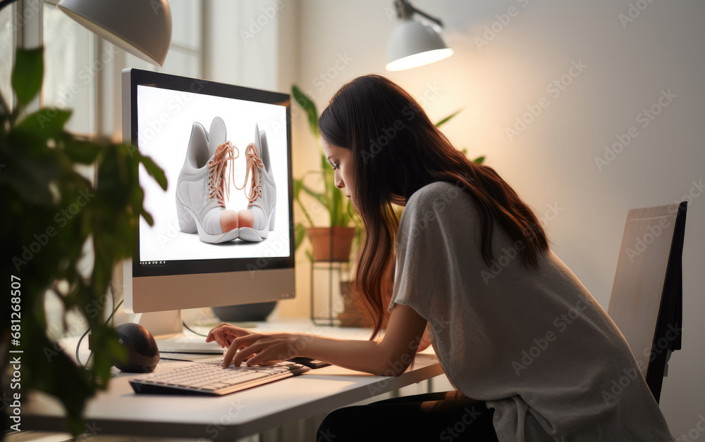 Female designer creating a shoe model while working on a computer Female designer creating a shoe model while working on a computer
