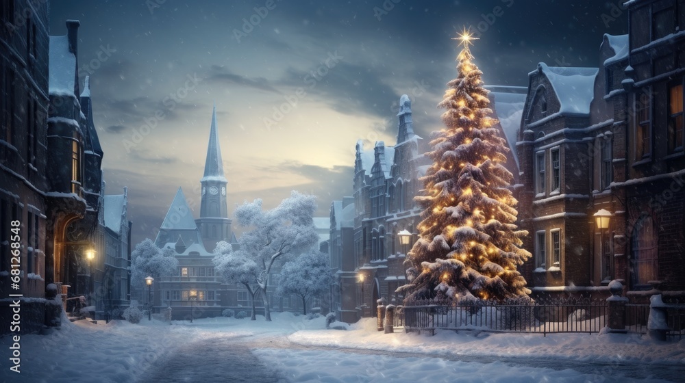 Fototapeta premium Snowy evening in a charming village with a brightly lit Christmas tree and cozy street lights