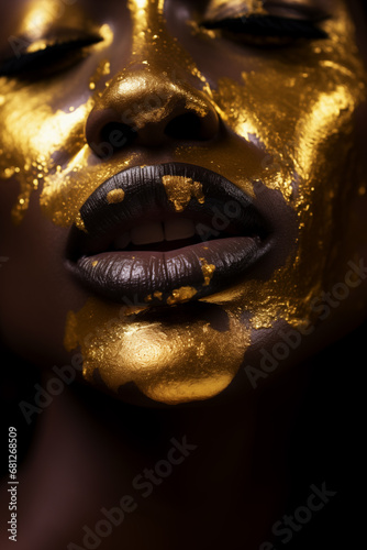 Close up portrait of young black woman painted with gold paint
