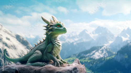 Mythical green dragon sits on top of a mountain, symbol of 2024 to the Chinese calendar © Ольга Голубева
