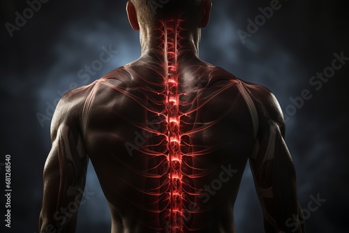 3D rendering medical illustration of male anatomy - spine, structure of back muscles and tendons. simple blue background Medical concept.