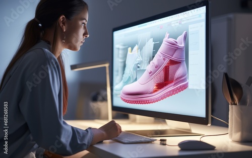 Female designer creating a shoe model while working on a computer photo