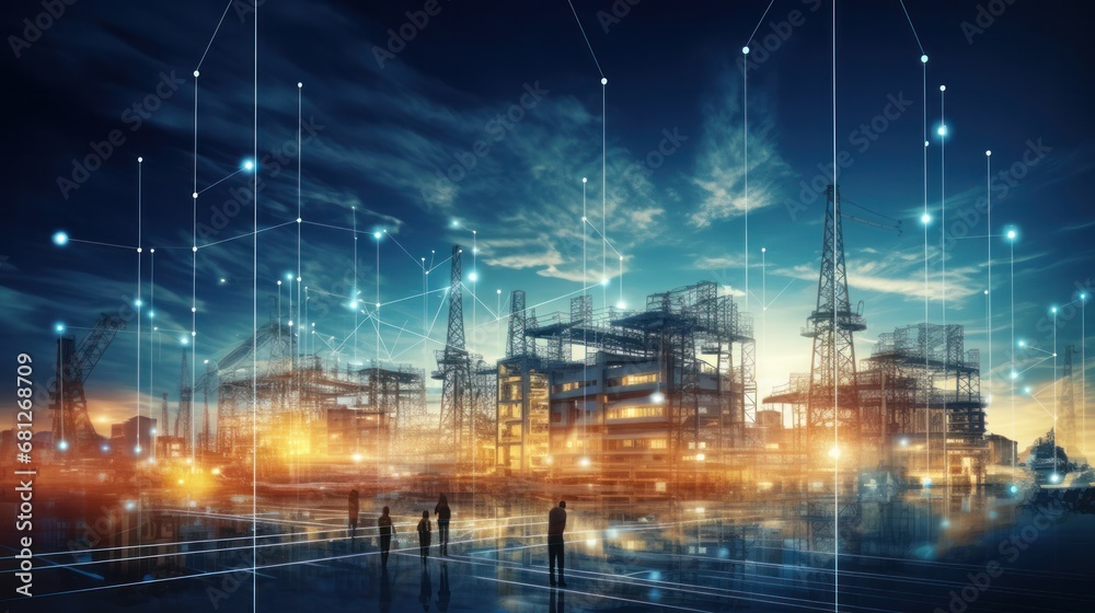 Obraz premium Modern factory, communication network. Telecommunication. IoT, Internet of Things, ICT, Information communication Technology,. Smart factory. Digital transformation, cloud connecting, generate by AI