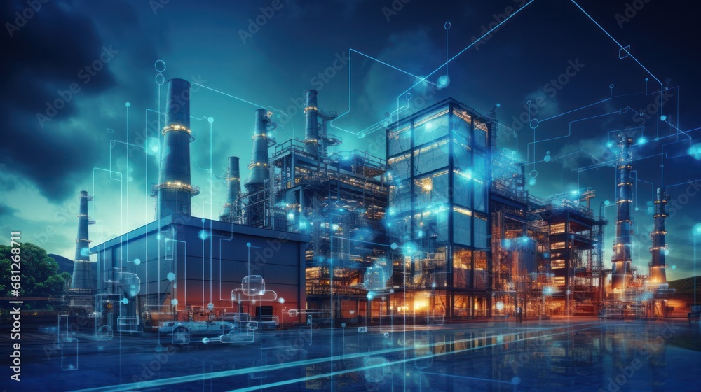 Fototapeta premium Modern factory, communication network. Telecommunication. IoT, Internet of Things, ICT, Information communication Technology,. Smart factory. Digital transformation, cloud connecting, generate by AI