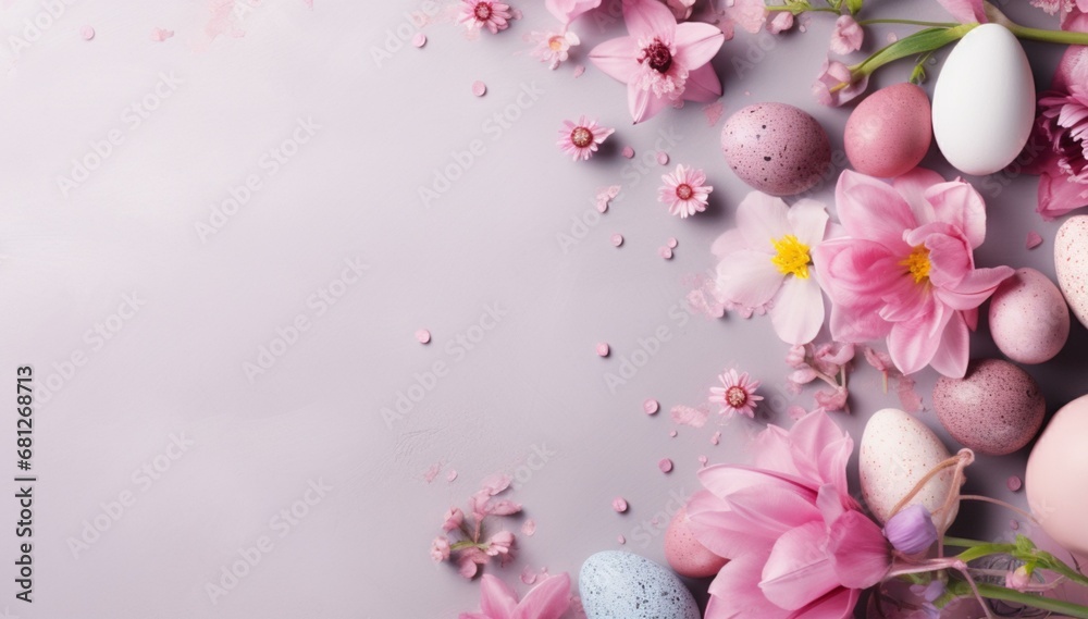Happy Easter banner with spring flowers background, spring flowers. Greeting card, banner design. Generated AI Happy Easter banner with spring flowers background, spring flowers. Greeting card, banner design. Generated AI