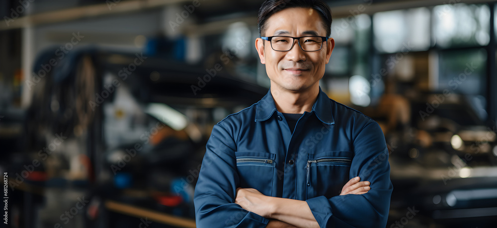 Fototapeta premium mechanic at the garage amechanic standing confidently with his arms crossed looking at the camera