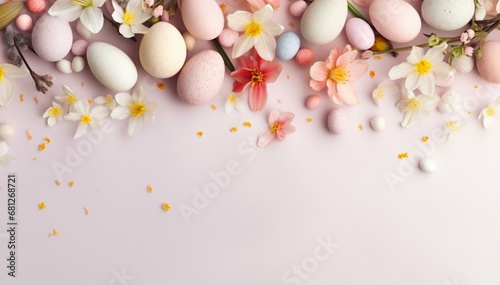 Happy Easter banner with spring flowers background, spring flowers. Greeting card, banner design. Generated AI 