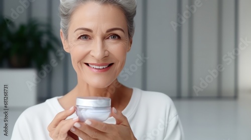 senior beautiful woman smile use cream for good skin. face of a healthy woman apply cream and makeup. Advertisement for skin cream, anti-wrinkle, baby face, whitening, moisturizer, tighten pores