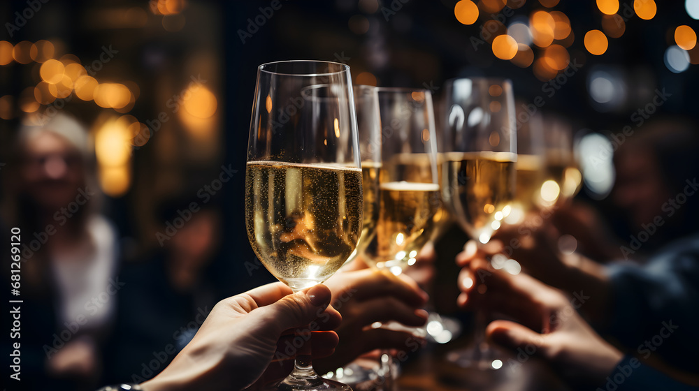 Clinking glasses of champagne at New Year party - obrazy, fototapety, plakaty 