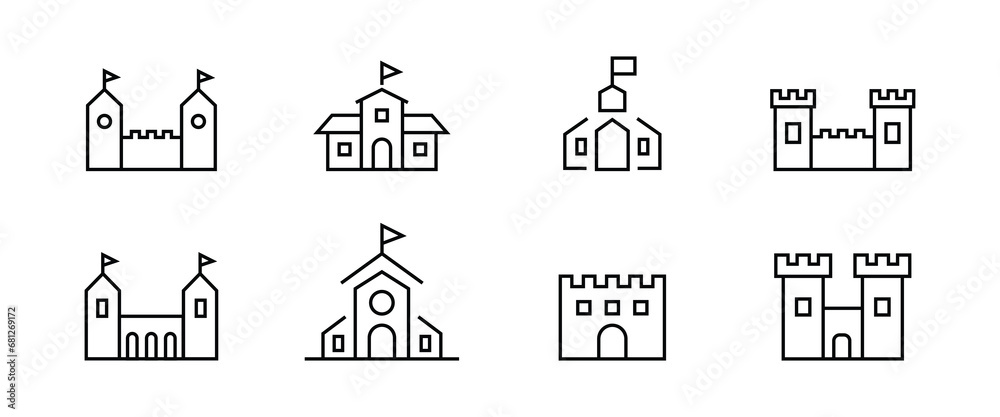 medieval castles icon set Fortress tower, castle tower line icons set, editable stroke isolated on white, linear vector outline illustration, symbol logo design style