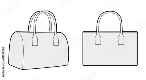 Mini Bowling Tote silhouette bag. Fashion accessory technical illustration. Vector satchel front 3-4 view for Men, women, unisex style, flat handbag CAD mockup sketch outline isolated