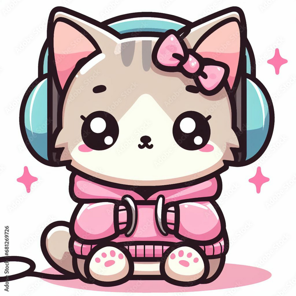 vector Illustration A cute KAWAII 2 KITTEN wearing headphones, typography vector Illustration A cute KAWAII 2 KITTEN wearing headphones, typography