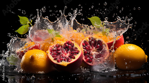    Passion fruit and peach commercial photography  with water splash photography effect  fruit commercial photography
