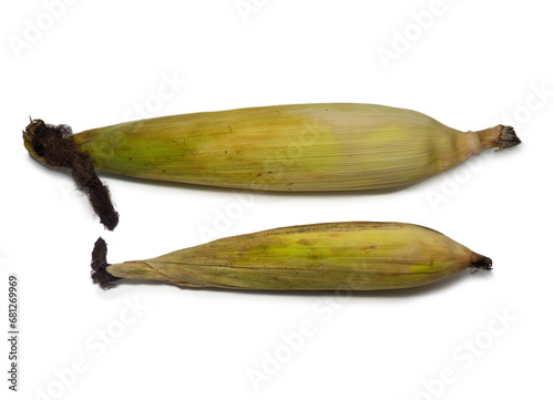 Cereal concept. Unhusked old corn on a white background. Corn with leaves. Maize with hairs. photo