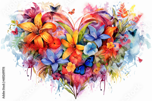 Fantasy tropical flowers watercolor effect in the shape of a heart on white background