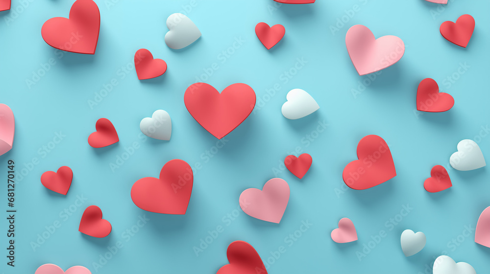 Many white, red, and pink hearts on a blue background