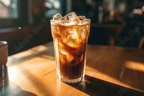 Sun-kissed iced coffee on wooden table
