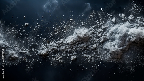 Flour spilling on black wooden background. Top view. Copy space. Generative AI technology.