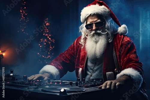 Stylish Santa Claus DJ with blue stage lighting and a Christmas tree in the background