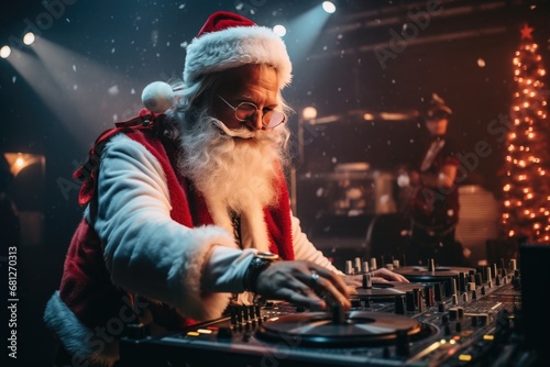 Stylish Santa Claus DJ with blue stage lighting and a Christmas tree in the background