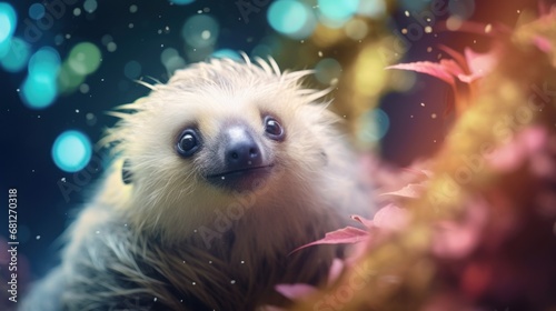 A baby sloth in the rain with a blurry background, AI