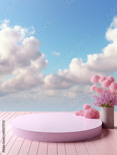 Natural beauty podium backdrop for product display with dreamy sky background. Romantic 3d scene, generative ai © Nia™