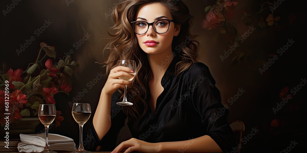 woman in glasses posing at the table, in the style of beautiful women, generative AI woman in glasses posing at the table, in the style of beautiful women, generative AI