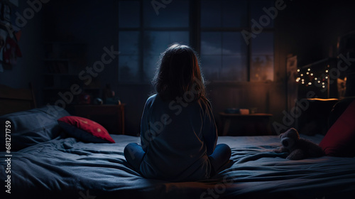 暗い寝室のベッドに座り込む孤独な少女の後ろ姿