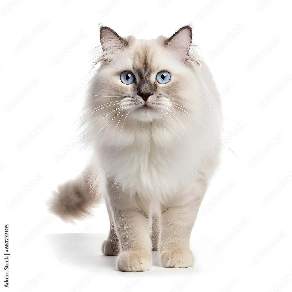 Fototapeta premium Birman, Himalayan, Ragdoll Cat Kitten Isolated on White Background - Generative AI