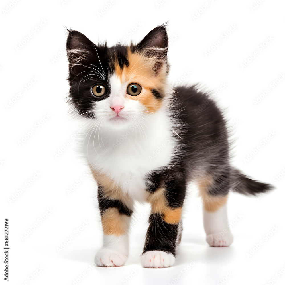 Fototapeta premium Calico Cat Kitten Isolated on White Background - Generative AI