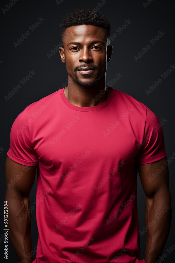 A man wearing a red t-shirt with a plain studio background. Generative AI. 