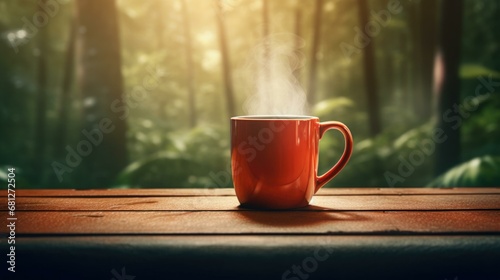 A red cup on a wooden table in front of a forest. Generative AI.