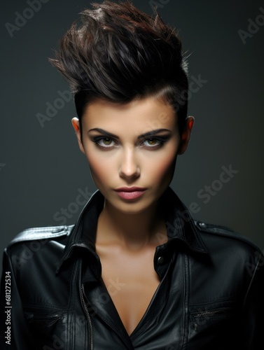 A woman with a short hair and a leather jacket. Generative AI.